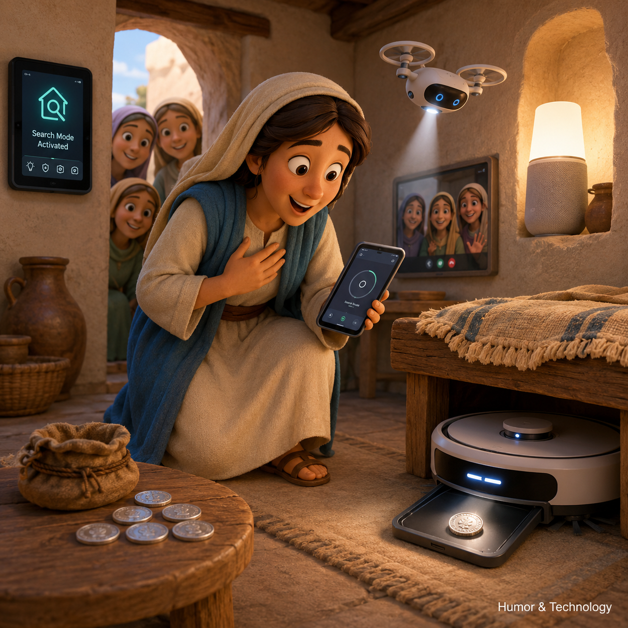 A joyful woman with a phone discovers a silver coin in a robot vacuum tray while friends watch.