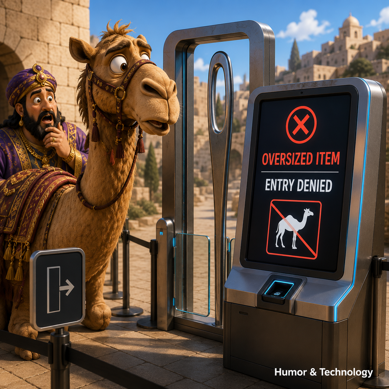 A camel and a richly dressed rider face an automated checkpoint displaying Oversized Item, Entry Denied.