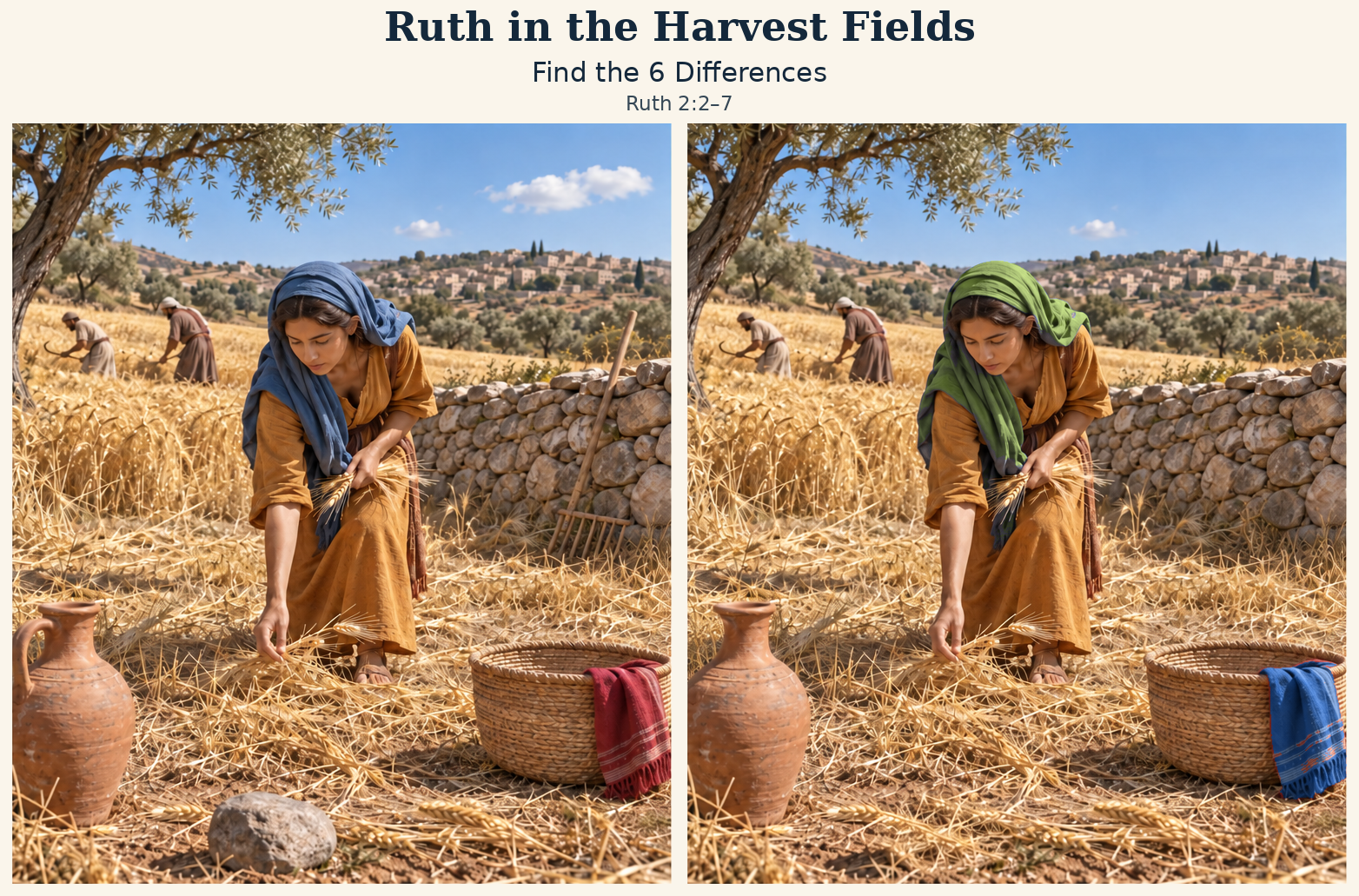 Two scenes of Ruth gathering grain. Find six differences.